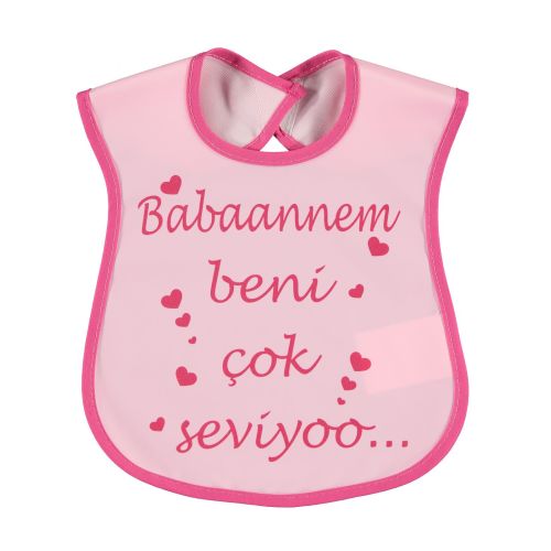 Misket Bebek Poli Pvc Yazılı Mama Önlüğü 0-24 Ay Babaannem Pembe