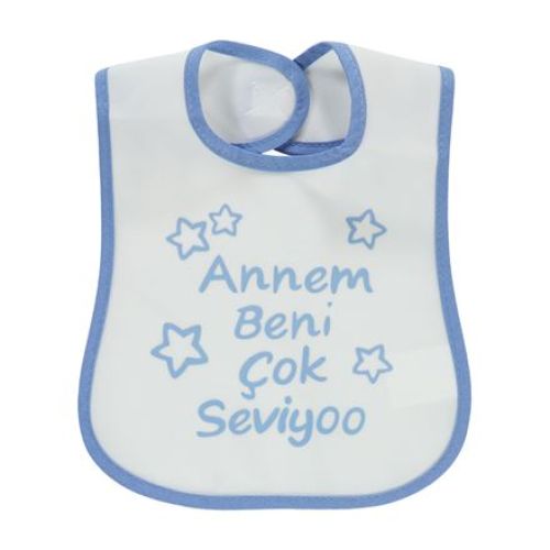 Misket Bebek Poli Pvc Yazılı Mama Önlüğü 0-24 Ay Annem Mavi